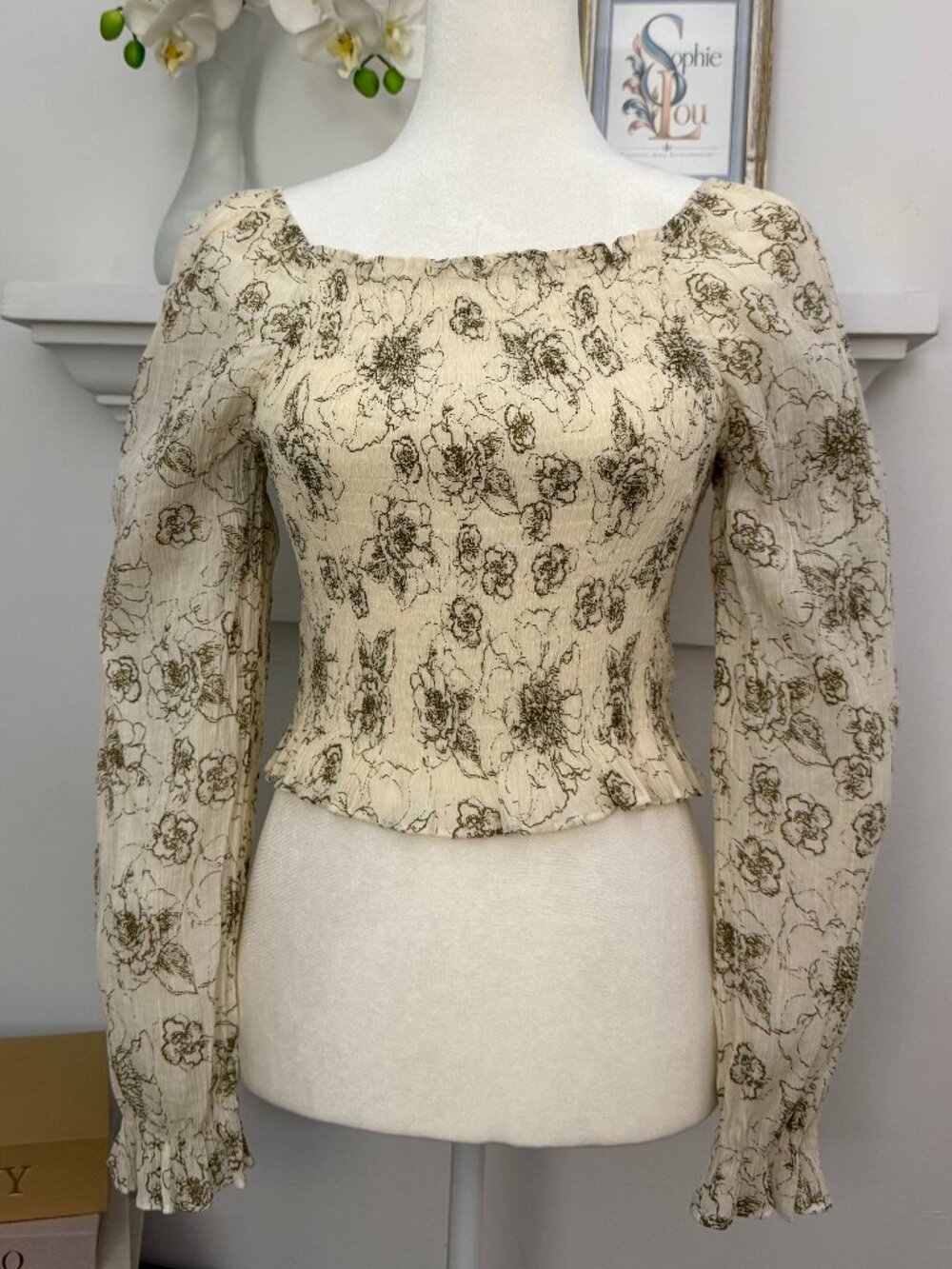 DAZY Ivory Floral Smocked Square Neck Long Sleeve Top Size XL
